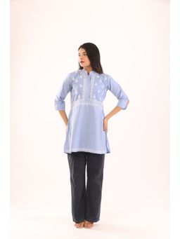 Rivaz Threads and Co - Formal Cotton Mandarin Collar Ghaspatti Work Kurti - Blue