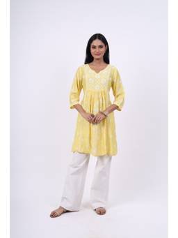 Rivaz Threads and Co - Chanderi Long Chikankari Mukaish Ghas Patti Embroidery Kurta - Yellow