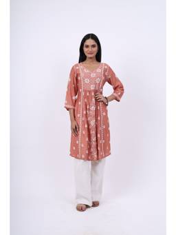 Rivaz Threads and Co - Chanderi Chikankari Mukaish Embroidery Kurta - Rust Pink