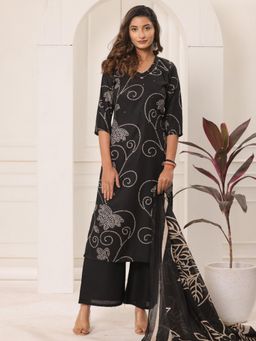 Sindh Fashion - Black Semi Cotton Floral Printed Kurta with Palazzo and Dupatta (Set of 3)