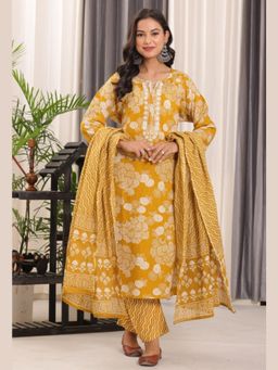 Sindh Fashion - Mustard Semi Cotton Printed Kurta with Pant and Dupatta (Set of 3)