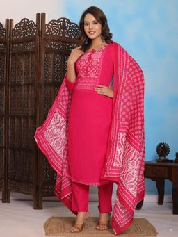 Sindh Fashion - Pink Semi Cotton Printed Kurta with Pant and Dupatta (Set of 3)