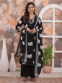 Sindh Fashion - Black Semi Cotton Printed Kurta with Palazzo and Dupatta (Set of 3)