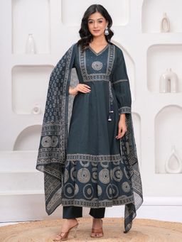 Sindh Fashion - Semi Cotton Printed Anarkali Kurta with Pant and Dupatta - Blue (Set of 3)