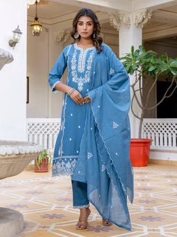 Sindh Fashion - Blue Semi Cotton Embroidered Kurta with Pant and Dupatta (Set of 3)