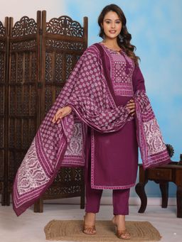 Sindh Fashion - Purple Semi Cotton Printed Kurta with Pant and Dupatta (Set of 3)