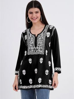 The Chikan Label - Authentic Chikankari Hand-Embroidered Short Kurti - Black