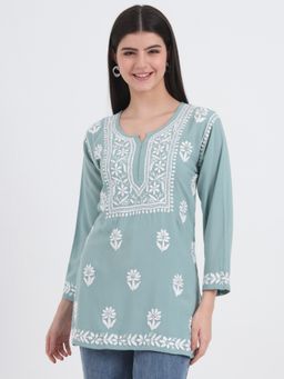 The Chikan Label - Authentic Chikankari Hand-Embroidered Short Kurti - Green