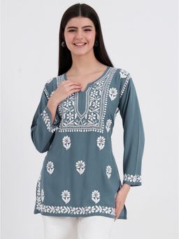 The Chikan Label - Authentic Chikankari Hand-Embroidered Short Kurti - Grey