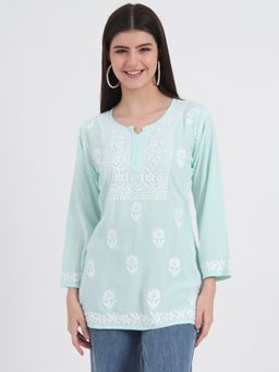 The Chikan Label - Authentic Chikankari Hand-Embroidered Short Kurti - Sea Blue