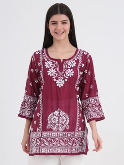 The Chikan Label - Authentic Chikankari Hand-Embroidered Short Kurti - Wine