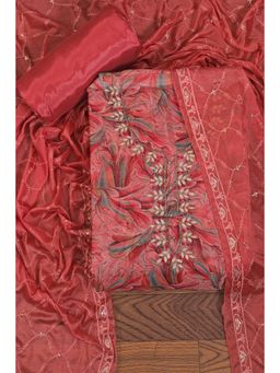 Jaipur Kurti - Embellished Ethnic Motif Printed Organza Unstitched Dress Material with Dupatta Red