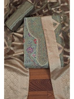 Jaipur Kurti - Embellished Ethnic Motif Printed Organza Unstitched Dress Material with Dupatta Green