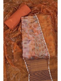 Jaipur Kurti - Embellished Ethnic Motif Printed Organza Unstitched Dress Material with Dupatta Orange