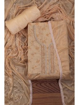 Jaipur Kurti - Printed Cotton Blend Embellished Unstitched Dress Material with Dupatta Beige