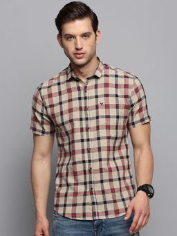 SHOWOFFFF - Mens Spread Collar Checked Beige Classic Shirt
