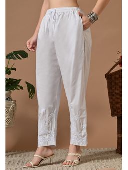 FASHIONABLE CHIKAN HANDIKRAFT - Women Pure Cotton White Chikankari Hand Embroidered Afghani Pant