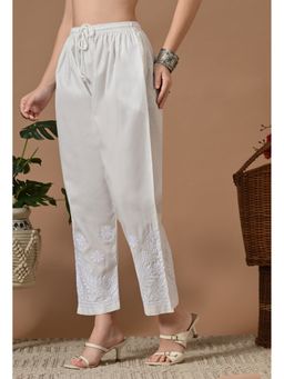 FASHIONABLE CHIKAN HANDIKRAFT - Women White Pure Cotton Chikankari Hand Embroidered Afghani Pant