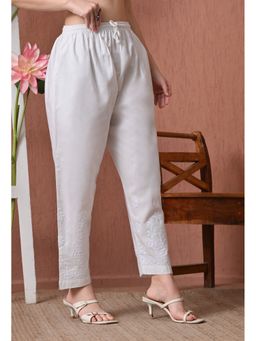 FASHIONABLE CHIKAN HANDIKRAFT - Women Pure Cotton Chikankari Hand Embroidered White Afghani Pant