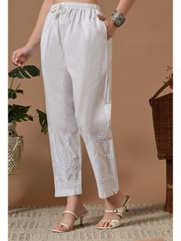 FASHIONABLE CHIKAN HANDIKRAFT - White Women Pure Cotton Chikankari Hand Embroidered Afghani Pant