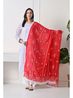 FASHIONABLE CHIKAN HANDIKRAFT - Women Red Soft Georgette Chikankari Hand Embroidered Dupatta