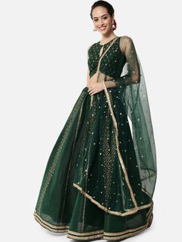Studio Rasa - Green Dupion Hand Block Printed Lehenga with Choli and Dupatta