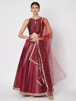 Studio Rasa - Maroon Dupion Hand Block Printed Bias Lehenga with Choli and Dupatta