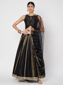 Studio Rasa - Black Dupion Hand Block Printed Bias Lehenga with Choli and Dupatta