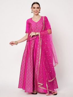 Studio Rasa - Pink Silk Blend Block Printed Kalidaar Lehenga with Choli and Dupatta
