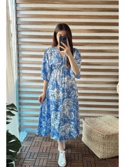 MANOJAVA - Women Blue Rayon Floral Printed Trendy Dress