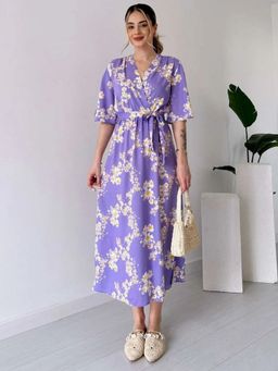 MANOJAVA - Women Purple Rayon Printed Trendy Dress with Belt