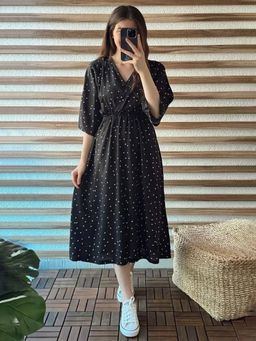 MANOJAVA - Women Black Polka Dots Rayon Printed Trendy Dress