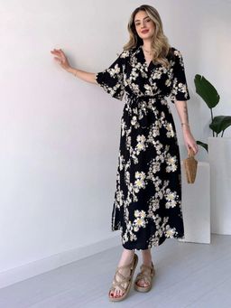 MANOJAVA - Women Black Rayon Floral Printed Trendy Dress with Belt