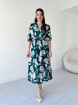 MANOJAVA - Women Teal Rayon Printed Trendy Dress with Belt
