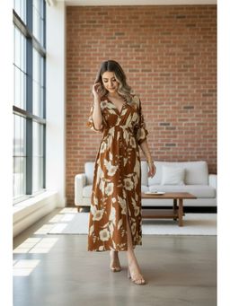 MANOJAVA - Women Brown Floral Rayon Printed Trendy Dress