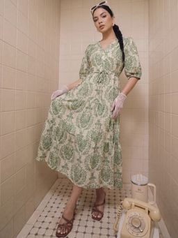 MANOJAVA - Women Green Floral Rayon Printed Trendy Dress