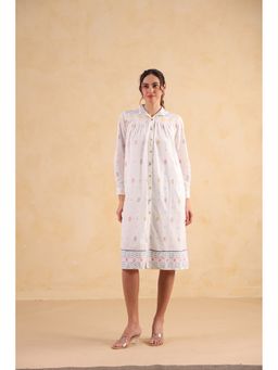 RATAN JAIPUR - White Gathered Long Shirt Dress