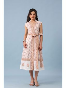 RATAN JAIPUR - Peach Fit and Flare Midi Dress with Belt