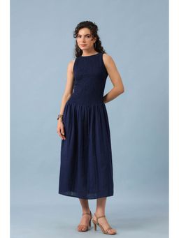 RATAN JAIPUR - Navy Blue Smocked Drop Waist Dress