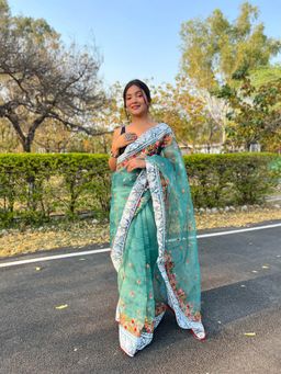 Odette - Sea Green Organza Embroidered Saree with Unstitched Blouse