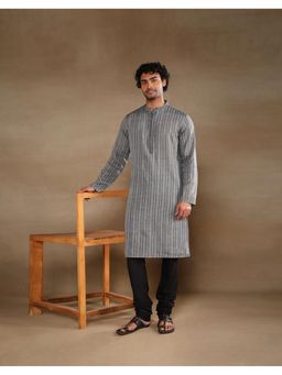 Fabindia - Grey Cotton Striped Slim Fit Kurta