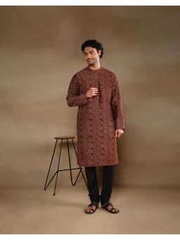 Fabindia - Maroon Cotton Silk Ajrakh Printed Slim Fit Kurta