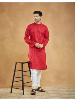 Fabindia - Red Cotton Woven Slim Fit Kurta