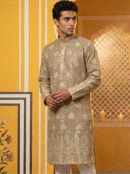 Jompers - Grey Embroidered Cotton-Blend Paisley Design Kurta