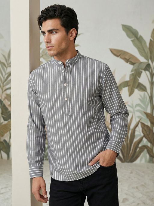 Jompers Men S Grey Striped Short Kurta