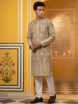 Jompers - Beige Embroidered Cotton-Blend Paisley Design Kurta with Pyjama