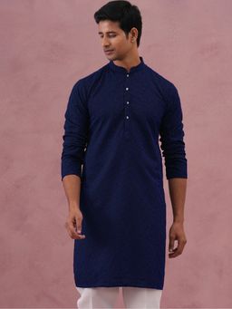 Jompers - Navy Blue Traditional Cotton Blend Embroidered Kurta