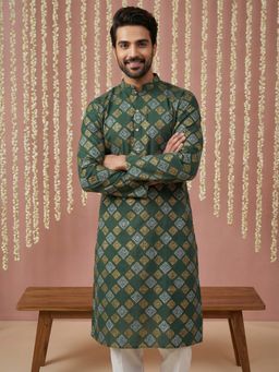 Jompers - Olive Men Cotton Blend Foil Print Kurta