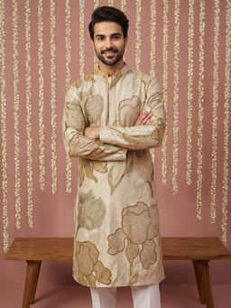Jompers - Beige Silk Blend Embroidery and Print Kurta