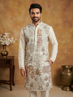 Jompers - White Men Embroidered Silk Blend Kurta